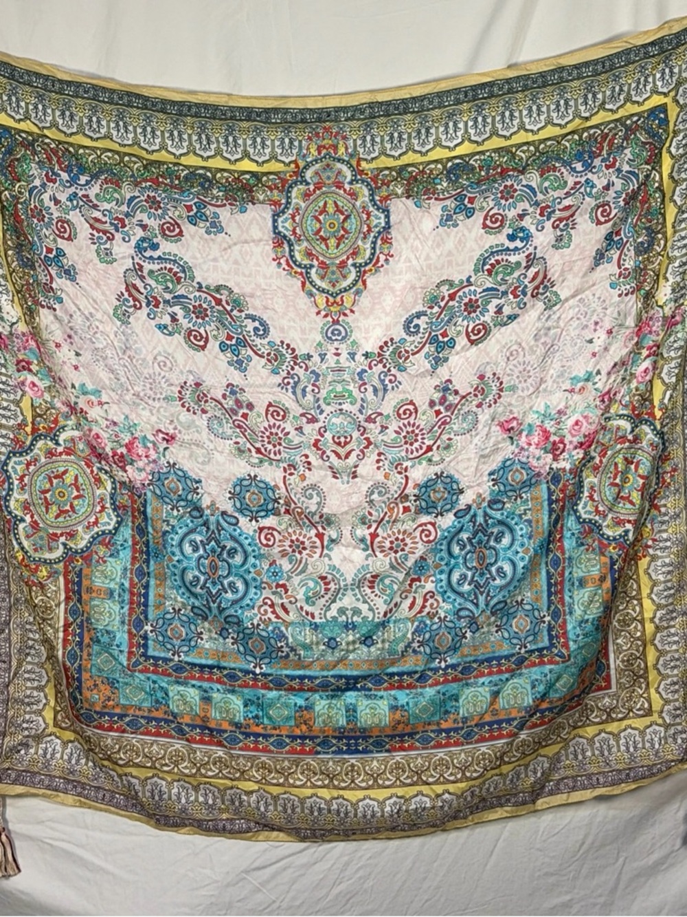 Johnny Was Silk Scarf 42” Floral Boho Shawl Tassel Corners 100% Silk Luxe